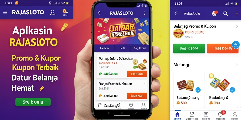 Antarmuka aplikasi RAJASLOTO menampilkan berbagai kupon dan promo menarik.
