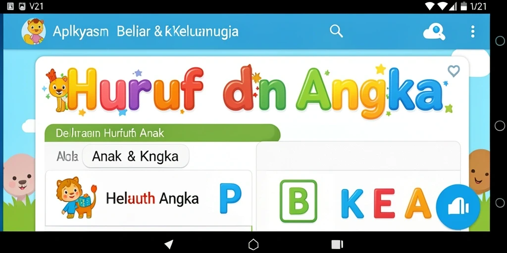 Tampilan antarmuka V21 yang menarik dan berwarna-warni untuk belajar huruf dan angka.